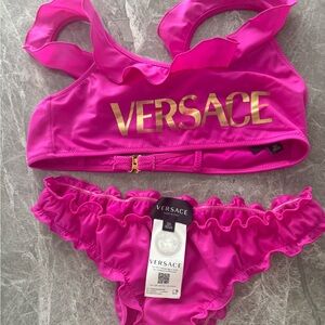 Versace Fuchsia Ruffle Bikini Set with Gold Logo